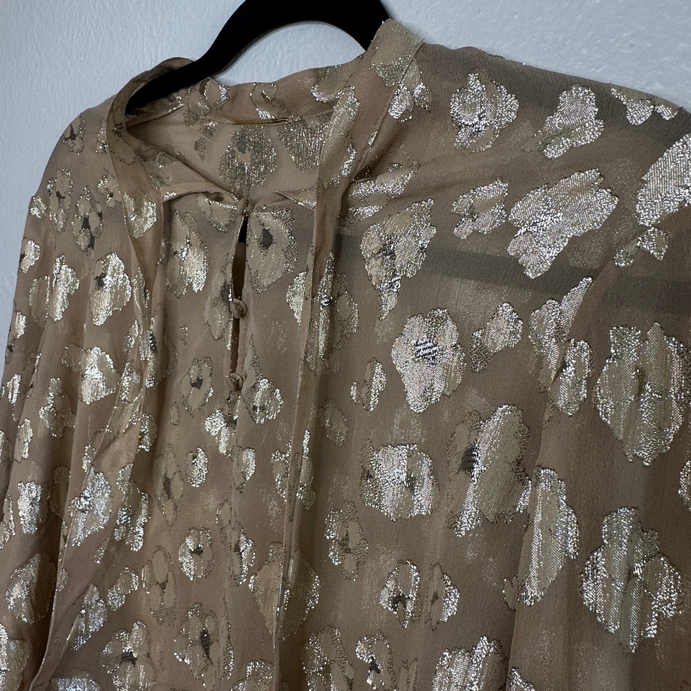 Saint Laurent Lamé Flowers Silk Blouse Gold Metallic Tie Neck Size 36 NWT - Picture 8 of 9